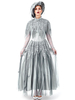 Mariée Halloween Costumes Gris Femmes Squelette Gothique Layered Hat Polyester Halloween Robe