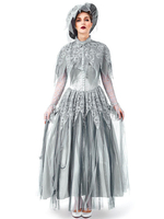Mariée Halloween Costumes Gris Femmes Squelette Gothique Layered Hat Polyester Halloween Robe