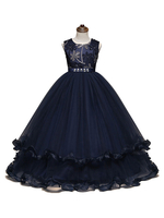 Marine foncé Robes cortège enfant 2021 boutons sans manches col bijou longueur de plancher robes enfants de reconstitution historique