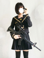Marinière Style Lolita Outfit Top Noir à Manches Longues avec Mousquetaire et Jupe Plissée Déguisements Halloween