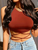 Maroon Cami Top Jewel Neck sans manches à lacets Sexy Stretch Polyester Femmes Camis