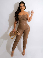 Marron café sans bretelles sans manches plissé stretch sans bretelles en cuir PU coupe fuselée tenue dété une pièce