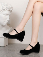 Mary Jane Heels Noir Micro Suede Bout Rond Chunky Heel Slip On Mary Jane Heels