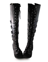 Matte Black Lolita longue place de bottes talons Déguisements Halloween