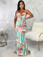 Maxi Dress Bustier Sans Manches Polyester Sexy Imprimé Floral Dos Nu Robe De Longueur De Plancher Vert