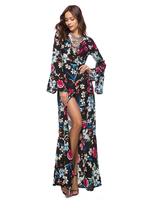 Maxi Floral Dress Femmes évasées à manches longues Split V Neck Beach Dress