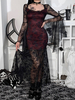 Maxi Robe Gothique Col Carré Manches Longues Volants Dentelle Polyester Robe Longue Noire