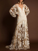Maxi robe V cou manches longues manches longues tulle sexy dentelle robe de longueur