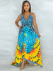 Maxi Robes Sans Manches Bleu Tie Dye Col V Plissée Été Dos Nu Robe De Longueur Au Sol En Polyester
