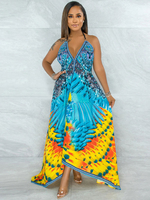 Maxi Robes Sans Manches Bleu Tie Dye Col V Plissée Été Dos Nu Robe De Longueur Au Sol En Polyester