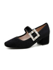Mi-bas talons pour femmes strass talon épais bout carré micro daim pompe supérieure talons Mary Jane noirs