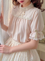 Mignonne Lolita Blouses Abricot Clair Col Montant Manches Courtes Bouffantes Nœud Lolita Top Lolita Shirt