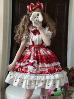 Mignonne Lolita JSK Robe Arcs Volants Motif Floral Imprimé Jupe Nœud fraise Lolita Bordeaux