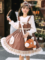 Mignonne Lolita Jsk Robe Classique Café Brown Polyester Dentelle À Lacets Plissé Lolita Jupe