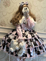 Mignonne Lolita JSK Robe Rose Noir Chic Jupe Imprimé Polyester Sans Manches Noir Lolita