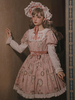Mignonne Lolita OP Classique Robe Ensemble De 4 Pièces Polyester Manches Longues Volants Imprimé Floral Rose Foncé Lolita