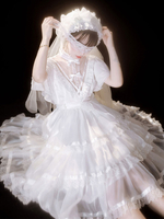 Mignonne Lolita OP Robe Dentelle Blanc Manches Courtes Volants Nœuds Robe Lolita une Pièce Robe de mariée