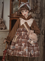 Mignonne Lolita Robe De Brune Foncée Manches Longues Motif Plaid Lolita Une Pièce Imprimé Champignon