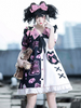 Mignonne Lolita Robe Gothique Polyester Manches Courtes Bords Volants Noire Rose Lolita Une Pièce Robe