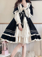 Mignonne Lolita Robe Noir Polyester Longues Manches Longues Robe Lolita Noire et Blanche Classique