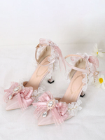 Mignonne Lolita Sandales Arcs Volants Strass Bout Pointu Arc Tissu Élastique Rose Lolita Chaussures D