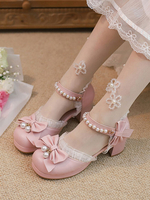 Mignonne Lolita Sandales Volants Perles Arcs Bout Rond En Cuir PU Rose Lolita Chaussures D