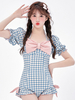 Mignonne Lolita Tenue Maillot de Bain Combinaison à manches courtes à carreaux bleu ciel clair à volants