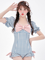 Mignonne Lolita Tenue Maillot de Bain Combinaison à manches courtes à carreaux bleu ciel clair à volants