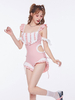 Mignonne Lolita Tenue Maillot de Bain Combinaison sans manches à volants roses avec nœuds