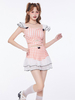 Mignonne Lolita Tenue Maillot de Bain Pantalon sans manches à carreaux à volants roses