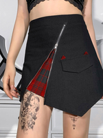 Mini-jupe gothique Fermeture à glissière noire Motif à carreaux rouges Détails en métal Jupe en polyester