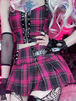 Mini-jupe gothique Jupe courte plissée en polyester à motif écossais rose
