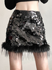Mini-jupe noire à paillettes avec bordure en plumes taille naturelle jupe courte sexy pour fête danniversaire pour femmes 2025