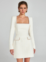 Mini robe à col en U et manches longues pour femme robe de soirée danniversaire semi-formelle 2025