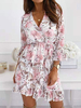 Mini Robe Blanche Imprimé Floral Manches 3/4 Robe Courte en Polyester