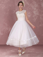 Mini Robe de Mariée Courte Ivoire en Gaze A-ligne Col Arrondi