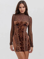 Mini robe moulante à col haut en dentelle et manches longues pour femme mini robe transparente et sexy 2025