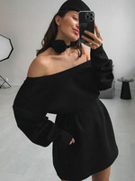 Mini-robe noire à manches longues en polyester convertible pour femme