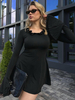 Mini robe noire à volants manches cloche col bijou robe courte ajustée pour le printemps pour femmes 2025
