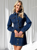 Minirobe Bleue En Denim Manches Longues Boutons Robe Courte En Polyester Femmes