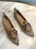Mocassins à Plate à Cuir Synthétique en Croûte Femmes à Bout Pointu avec Paillettes et Noeud Chaussures à Talons Hauts Femme
