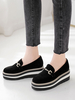 Mocassins Chaussures Plate Femmes avec Plateforme à Cuir Synthétique en Croûte avec Bout Carré Décors avec Boucles et Rayures Cloutés Bicolores