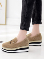Mocassins Chaussures Plate Femmes avec Plateforme à Fausse Fourrure avec Bout Carré Décors avec Boucles et Rayures Cloutés Bicolores