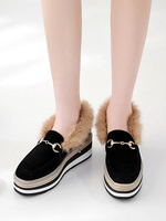 Mocassins Chaussures Plate Femmes avec Plateforme Cousu avec Fausse Fourrure à Cuir Synthétique en Croûte avec Bout Carré Décors avec Boucles Bicolores