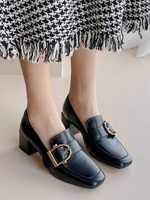 Mocassins noirs femmes bout carré en cuir Synthétique détails en métal sans lacet chaussures
