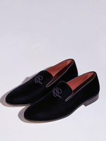 Mocassins noirs pour hommes en daim à bout rond avec illustration brodée chaussures à enfiler pour robe de bal fête mariage