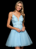Mode avec robe de soirée sans manches dos nu courte A-ligne col en V polyester dentelle eau bleu robe de soirée