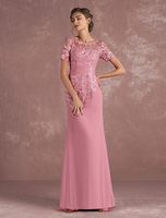 Mère de la mariée robe dentelle appliques sirène robe de soirée Illusion demi manchon Cameo Occasion en mousseline de soie rose robe avec traine