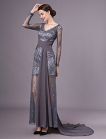 Mère Grise Robes 2021 À Manches Longues En Dentelle En Mousseline De Soie Col En V Illusion Perles Robe De Soirée De Mariage