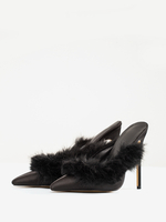Mules à talons aiguilles et bout pointu en fausses plumes noires